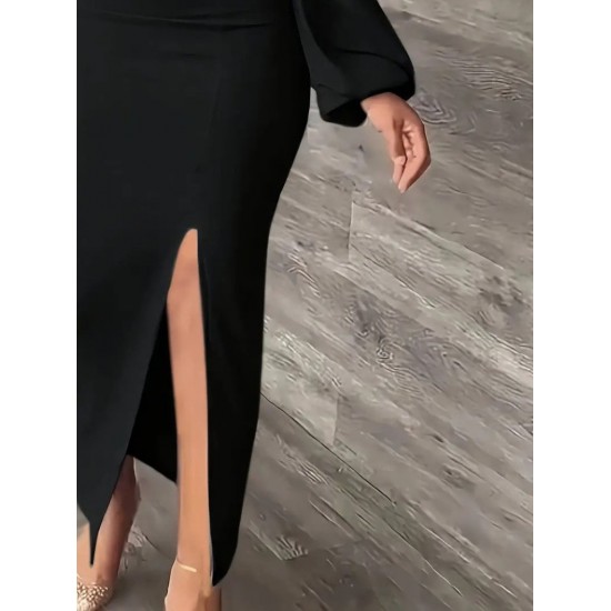 Kadın Uzun Kollu Geometrik Yakalı Yandan Yırtmaçlı Uzun Janjan Krep Elbise , 30633