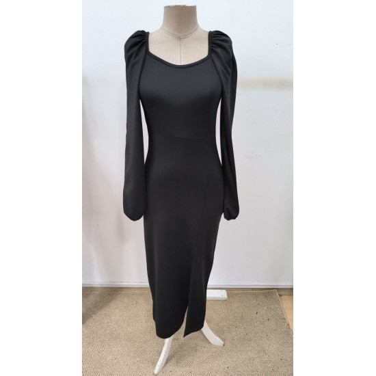 Kadın Uzun Kollu Geometrik Yakalı Yandan Yırtmaçlı Uzun Janjan Krep Elbise , 30633