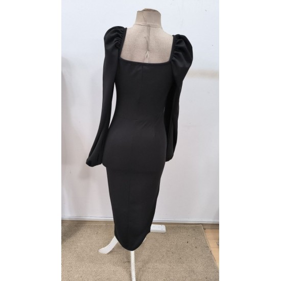 Kadın Uzun Kollu Geometrik Yakalı Yandan Yırtmaçlı Uzun Janjan Krep Elbise , 30633