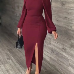 Kadın Uzun Kollu Geometrik Yakalı Yandan Yırtmaçlı Uzun Janjan Krep Elbise , 30632