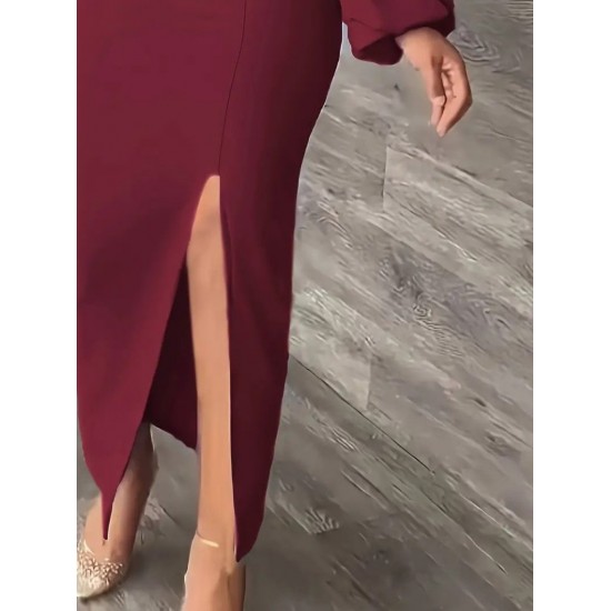 Kadın Uzun Kollu Geometrik Yakalı Yandan Yırtmaçlı Uzun Janjan Krep Elbise , 30632