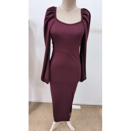 Kadın Uzun Kollu Geometrik Yakalı Yandan Yırtmaçlı Uzun Janjan Krep Elbise , 30632