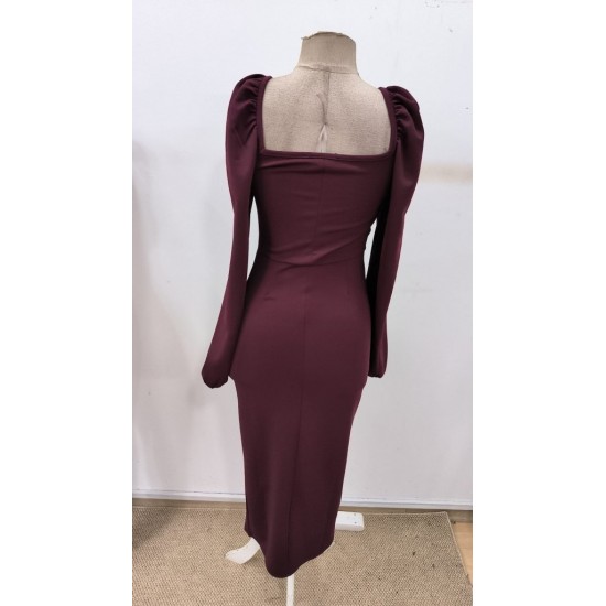 Kadın Uzun Kollu Geometrik Yakalı Yandan Yırtmaçlı Uzun Janjan Krep Elbise , 30632