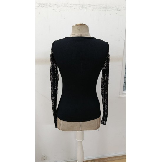 Kadın Uzun Kollu V Derin Dantel Yakalı Kaşkorse Bluz , 30629