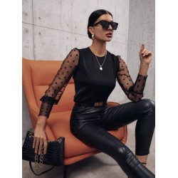 Kadın Uzun Kollu Bisiklet Yaka Kollar Puantiyeli Tül Detaylı Sandy Bluz, 30628