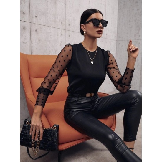 Kadın Uzun Kollu Bisiklet Yaka Kollar Puantiyeli Tül Detaylı Sandy Bluz, 30628 Kadın Uzun Kollu Bisiklet Yaka Kollar Puantiyeli Tül Detaylı Sandy Bluz, 30628