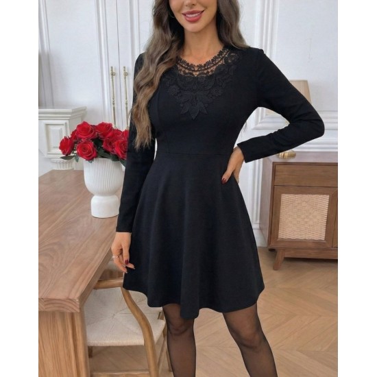 Kadın Uzun Kollu Yakası Dantelli Mini Ithal Krep Elbise , 30627