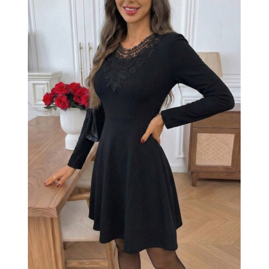 Kadın Uzun Kollu Yakası Dantelli Mini Ithal Krep Elbise , 30627