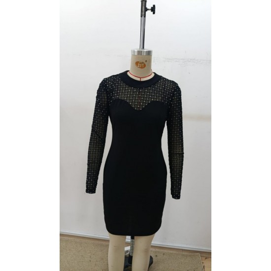 Kadın Uzun Kollu Yarı Balıkçı Yaka ışıltılı Tül Detaylı Kısa Arkadan Fermuarlı Ithal Krep Elbise , 30626