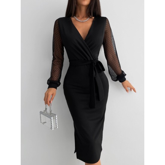 Kadın Uzun Kollu V Yakalı Kollar Puantiyeli Beli Kuşaklı Midi Krep Elbise , 30640