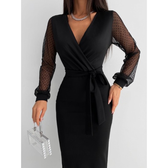 Kadın Uzun Kollu V Yakalı Kollar Puantiyeli Beli Kuşaklı Midi Krep Elbise , 30640