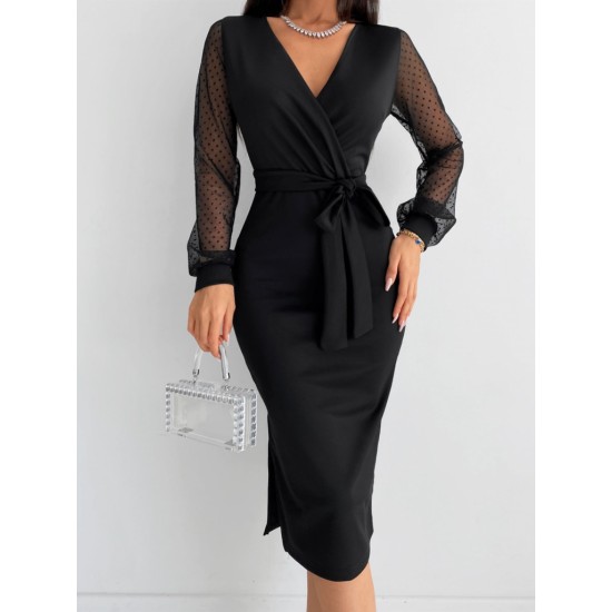 Kadın Uzun Kollu V Yakalı Kollar Puantiyeli Beli Kuşaklı Midi Krep Elbise , 30640