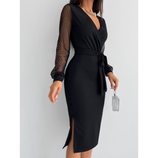 Kadın Uzun Kollu V Yakalı Kollar Puantiyeli Beli Kuşaklı Midi Krep Elbise , 30640