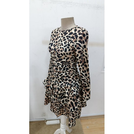 Kadın Uzun Kollu Balıkçı Yaka Fırfırlı Leopar Desenli Modal Elbise , 30638