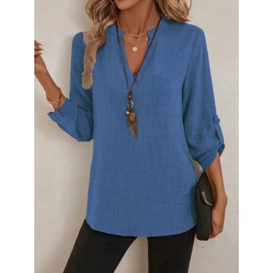 Kadın Truvakar Kol V Yakalı Keten Bluz, 30654