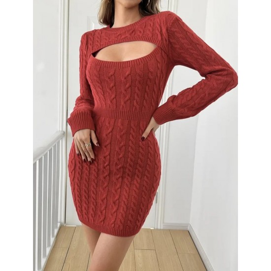 Kadın Uzun Kollu Yarı Balıkçı Yaka Pencere Göğüs Detay Mini Triko Elbise , 30650