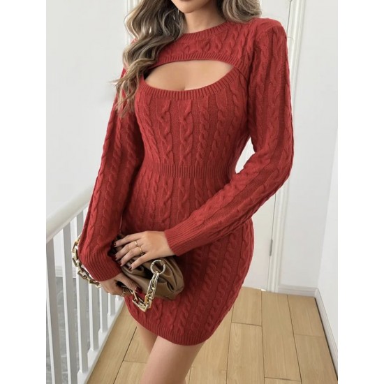 Kadın Uzun Kollu Yarı Balıkçı Yaka Pencere Göğüs Detay Mini Triko Elbise , 30650