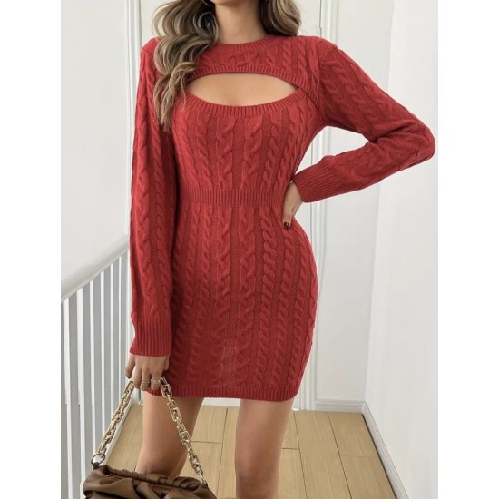 Kadın Uzun Kollu Yarı Balıkçı Yaka Pencere Göğüs Detay Mini Triko Elbise , 30650