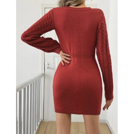 Kadın Uzun Kollu Yarı Balıkçı Yaka Pencere Göğüs Detay Mini Triko Elbise , 30650