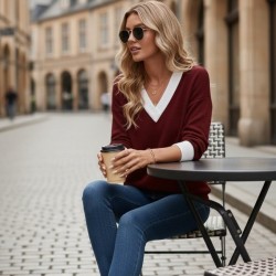 Kadın Uzun Kollu V Yakalı Waffle Bluz, 30649