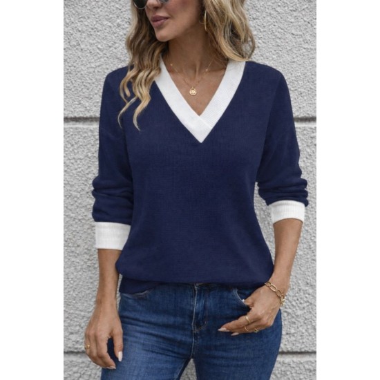 Kadın Uzun Kollu V Yakalı Waffle Bluz, 30648