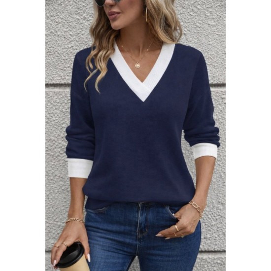 Kadın Uzun Kollu V Yakalı Waffle Bluz, 30648