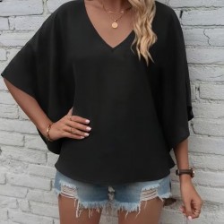 Kadın Kısa Kollu V Yakalı Salaş Viskon Bluz , 30643