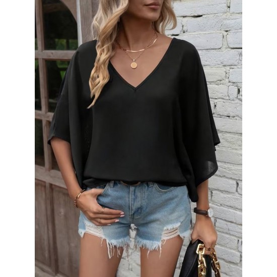 Kadın Kısa Kollu V Yakalı Salaş Viskon Bluz , 30643