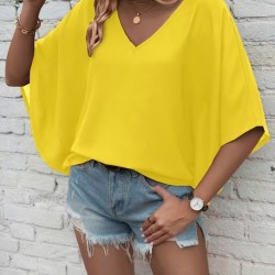 Kadın Kısa Kollu V Yakalı Salaş Viskon Bluz , 30642