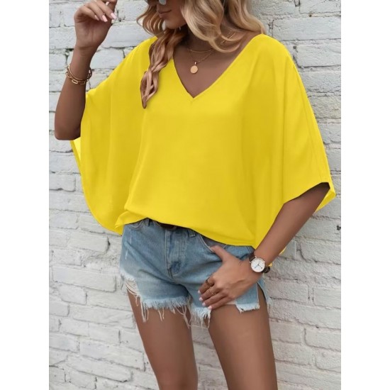 Kadın Kısa Kollu V Yakalı Salaş Viskon Bluz , 30642 Kadın Kısa Kollu V Yakalı Salaş Viskon Bluz , 30642