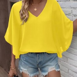 Kadın Kısa Kollu V Yakalı Salaş Viskon Bluz , 30642
