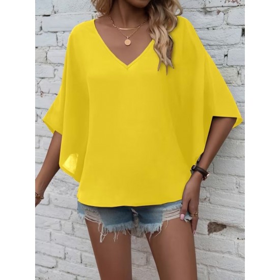 Kadın Kısa Kollu V Yakalı Salaş Viskon Bluz , 30642 Kadın Kısa Kollu V Yakalı Salaş Viskon Bluz , 30642