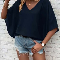 Kadın Kısa Kollu V Yakalı Salaş Viskon Bluz , 30641