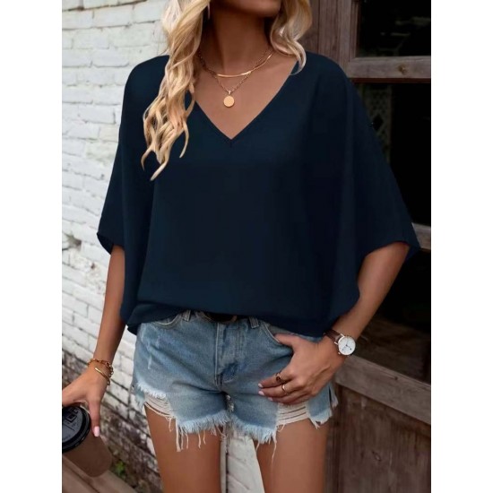 Kadın Kısa Kollu V Yakalı Salaş Viskon Bluz , 30641