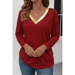 Kadın Uzun Kollu V Parlak Yaka Detaylı Viskon Bluz , 30664