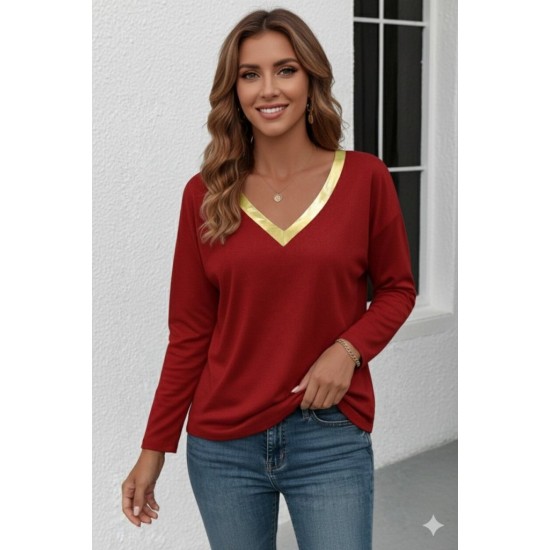 Kadın Uzun Kollu V Parlak Yaka Detaylı Viskon Bluz , 30664 Kadın Uzun Kollu V Parlak Yaka Detaylı Viskon Bluz , 30664