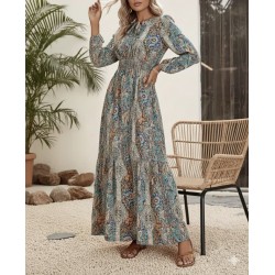 Kadın Uzun Kollu Yaka Bağcıklı Beli Lastikli Desenli Uzun Süprem Elbise , 30661