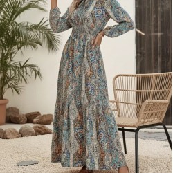 Kadın Uzun Kollu Yaka Bağcıklı Beli Lastikli Desenli Uzun Süprem Elbise , 30661