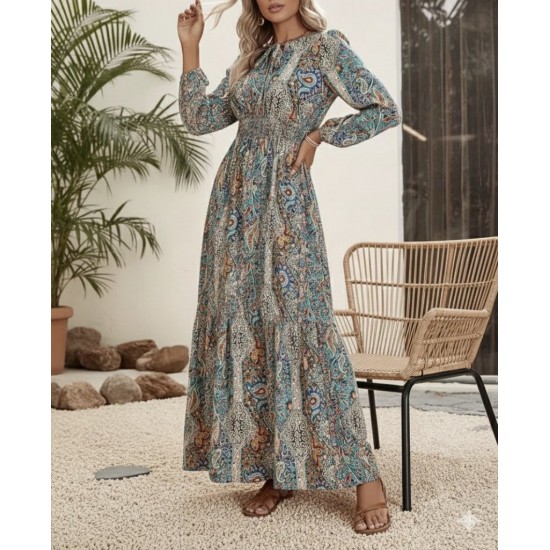 Kadın Uzun Kollu Yaka Bağcıklı Beli Lastikli Desenli Uzun Süprem Elbise , 30661 Kadın Uzun Kollu Yaka Bağcıklı Beli Lastikli Desenli Uzun Süprem Elbise , 30661