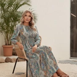 Kadın Uzun Kollu Yaka Bağcıklı Beli Lastikli Desenli Uzun Süprem Elbise , 30661 Kadın Uzun Kollu Yaka Bağcıklı Beli Lastikli Desenli Uzun Süprem Elbise , 30661