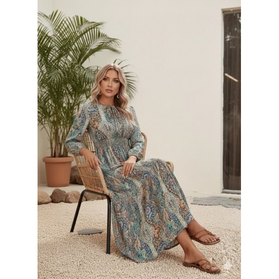 Kadın Uzun Kollu Yaka Bağcıklı Beli Lastikli Desenli Uzun Süprem Elbise , 30661 Kadın Uzun Kollu Yaka Bağcıklı Beli Lastikli Desenli Uzun Süprem Elbise , 30661