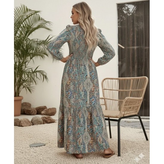 Kadın Uzun Kollu Yaka Bağcıklı Beli Lastikli Desenli Uzun Süprem Elbise , 30661 Kadın Uzun Kollu Yaka Bağcıklı Beli Lastikli Desenli Uzun Süprem Elbise , 30661