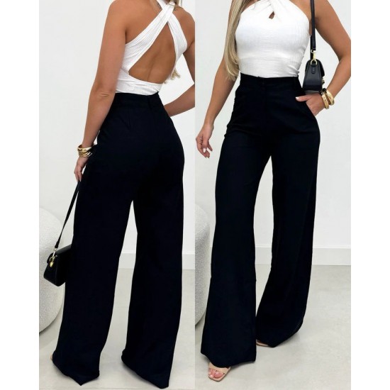 Kadın Yüksek Bel Paçaya Doğru Genişleyen Ithal Krep Pantolon , 30659