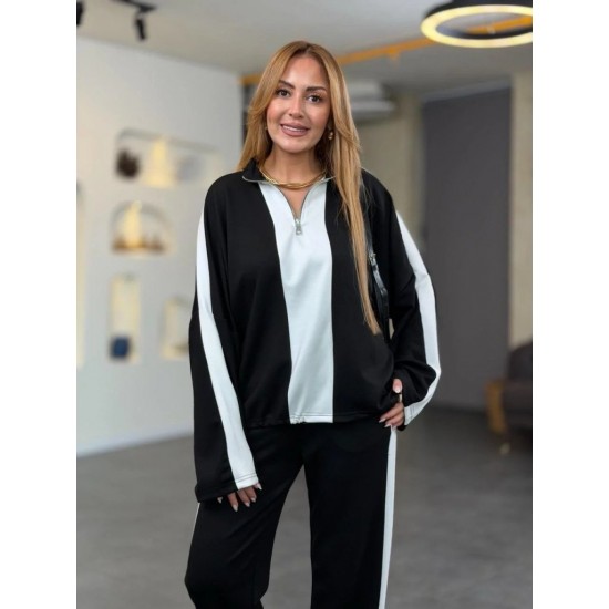 Kadın Uzun Kollu Yakadan Fermuarlı Viskon Iki Iplik Bluz Ve Pantolon Ikili Takım , 30657