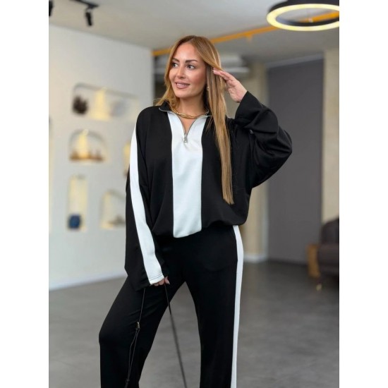 Kadın Uzun Kollu Yakadan Fermuarlı Viskon Iki Iplik Bluz Ve Pantolon Ikili Takım , 30657