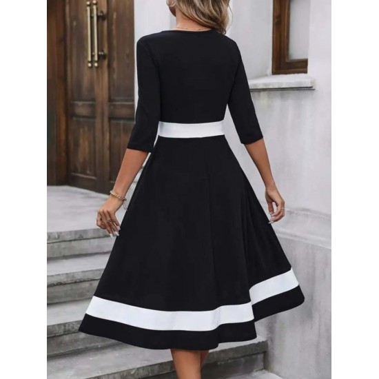 Kadın Truvakar Kol V Yakalı Janjan Krep Midi Elbise, 30666