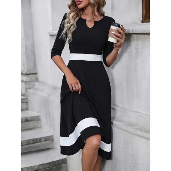 Kadın Truvakar Kol V Yakalı Janjan Krep Midi Elbise, 30666