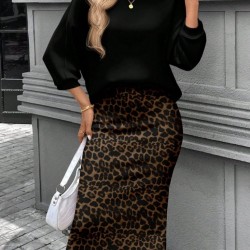 Kadın Uzun Kollu Bisiklet Yaka Modal Bluz Ve Leopar Desenli Etek Ikili Takım , 30680