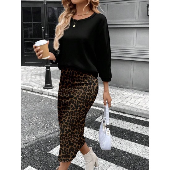 Kadın Uzun Kollu Bisiklet Yaka Modal Bluz Ve Leopar Desenli Etek Ikili Takım , 30680