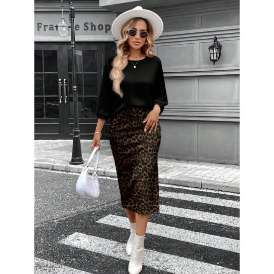 Kadın Uzun Kollu Bisiklet Yaka Modal Bluz Ve Leopar Desenli Etek Ikili Takım , 30680